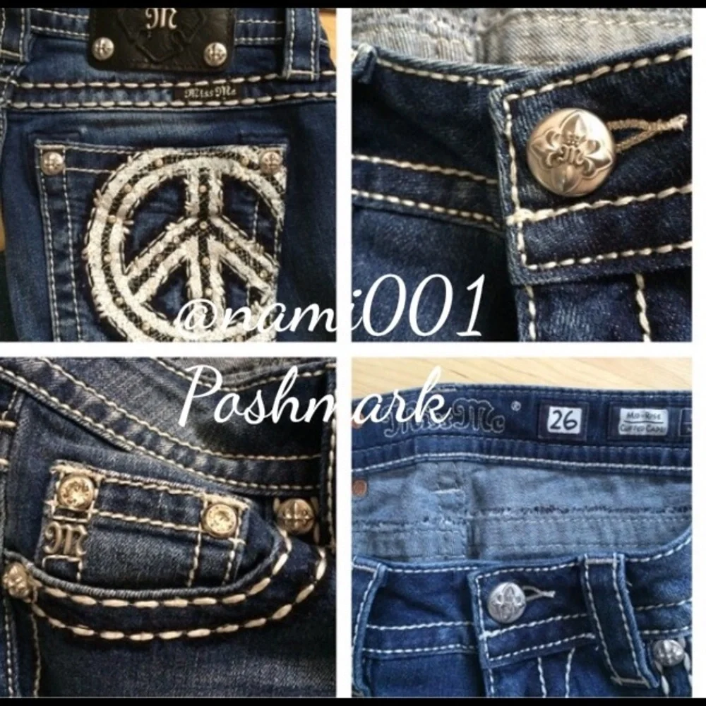 Denim Miss Me Mid-Rise Cuffed Capris Peace Sign Bling NWOT - Picture 5 of 5